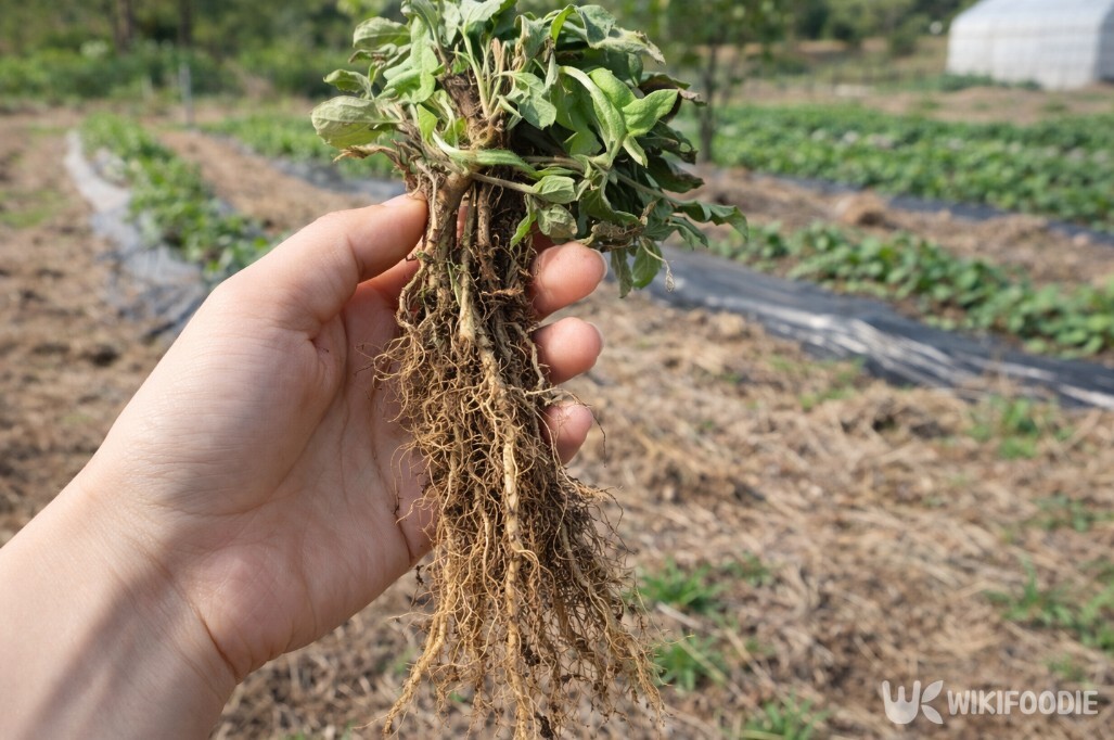 뿌리째 수확한 씀바귀에서 가늘고 긴 뿌리 구조가 드러난 모습이다. / 위키푸디