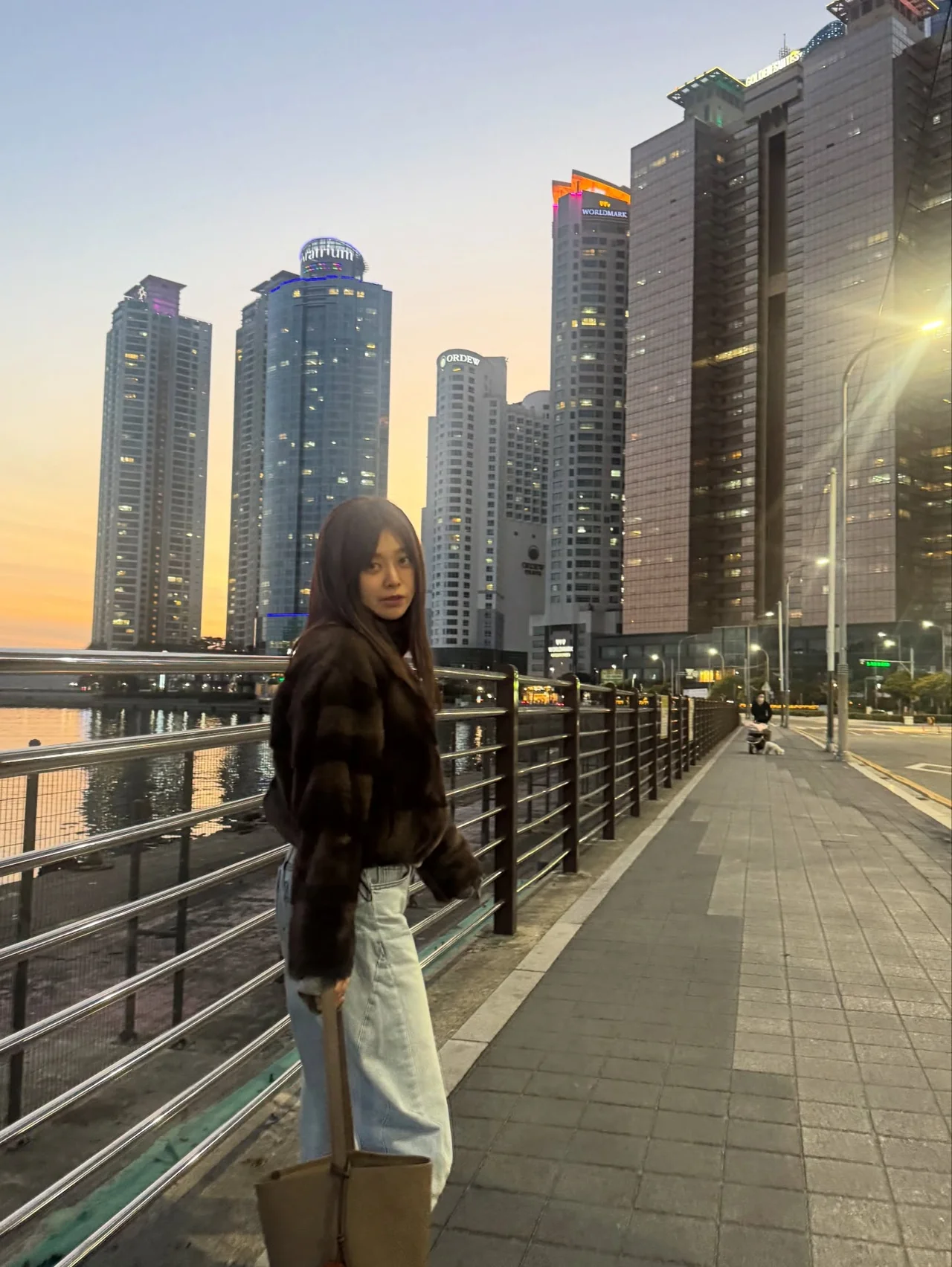 브라운 퍼 자켓 & 데님 | 마린시티의 야경을 압도하는 고고한 퍼 스타일링 /사진=이영은 인스타그램