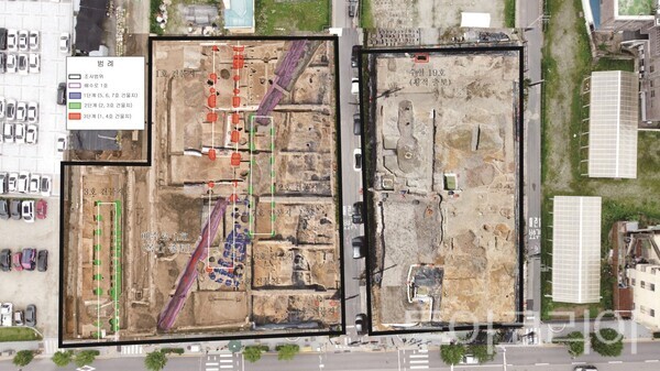 ▲부여 관북리 유적 발굴지 전경(악기출토 수혈 19호, 목간출토 배수로 1호와 수혈 19호). /사진-국가유산청