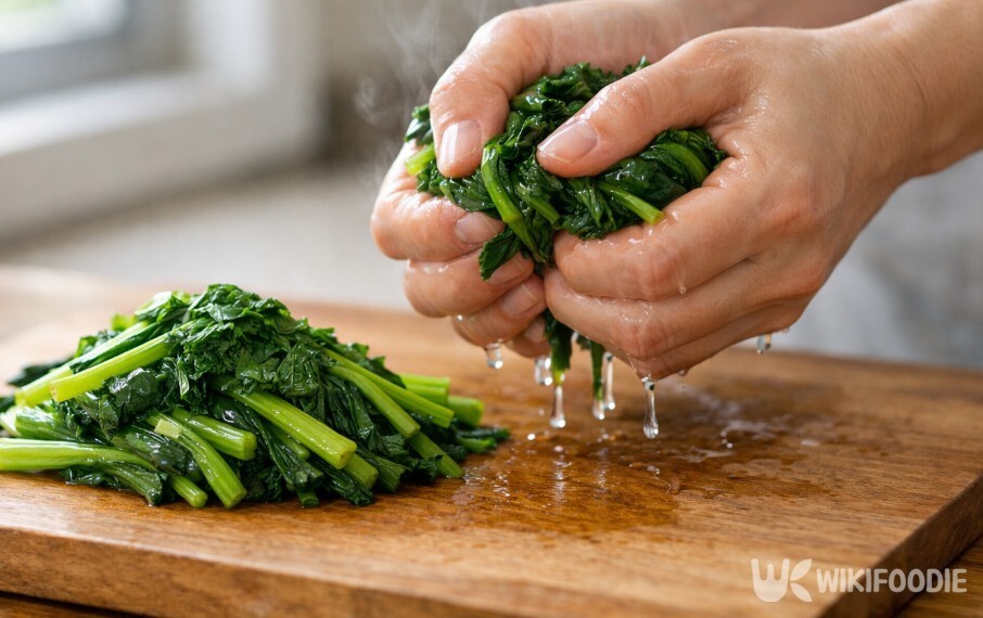 데친 뒤 물기를 짜는 과정에서 미역취의 향이 살아난다. / 위키푸디