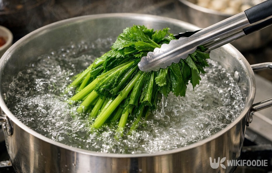 미역취는 끓는 물에 짧게 데치는 손질 과정이 중요하다. / 위키푸디