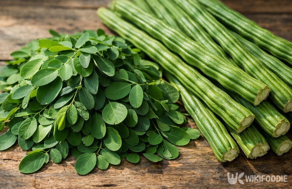 모링가 잎과 드럼스틱 열매가 놓인 모습이다. / 위키푸디