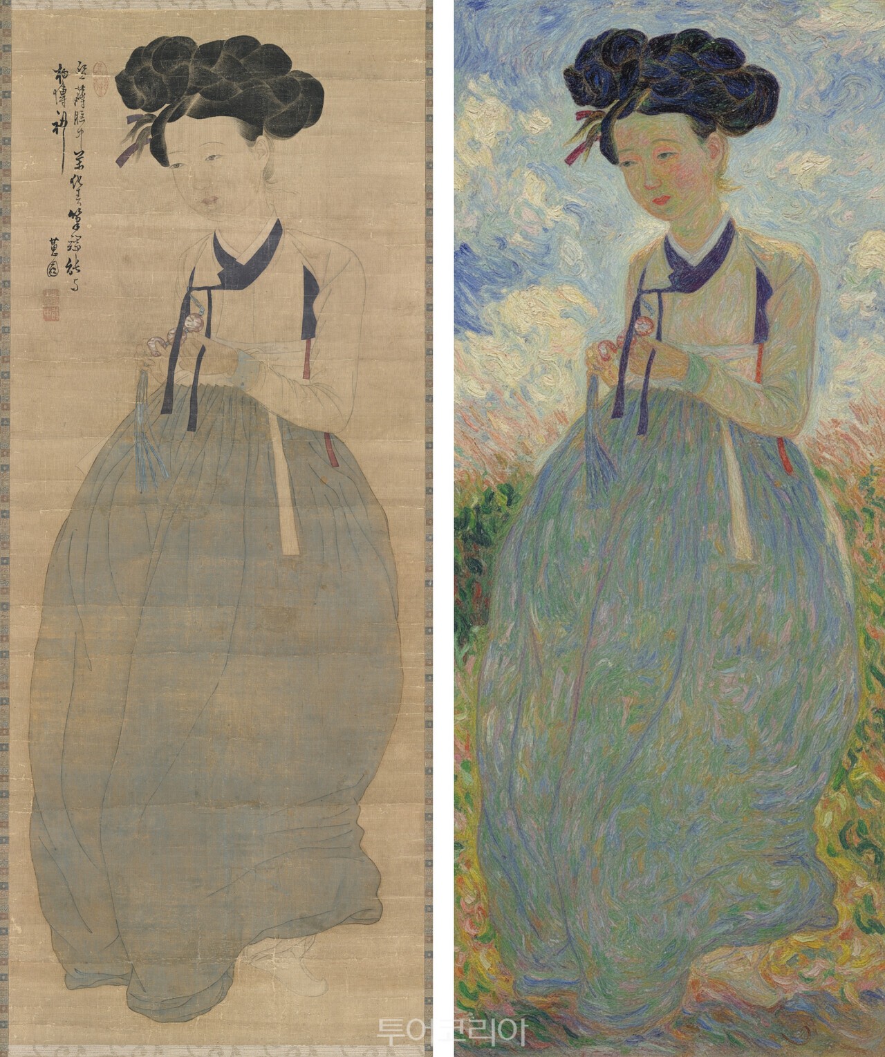 대구간송미술관은 DGIST와 함께 AI기술을 활용한 〈미인도〉 사전전시를 선보인다. 신윤복 〈미인도〉(좌)를 디지스트의 생성형 AI기술을 활용 모네의 화풍으로 변환한 모습(우)/사진-대구간송미술관