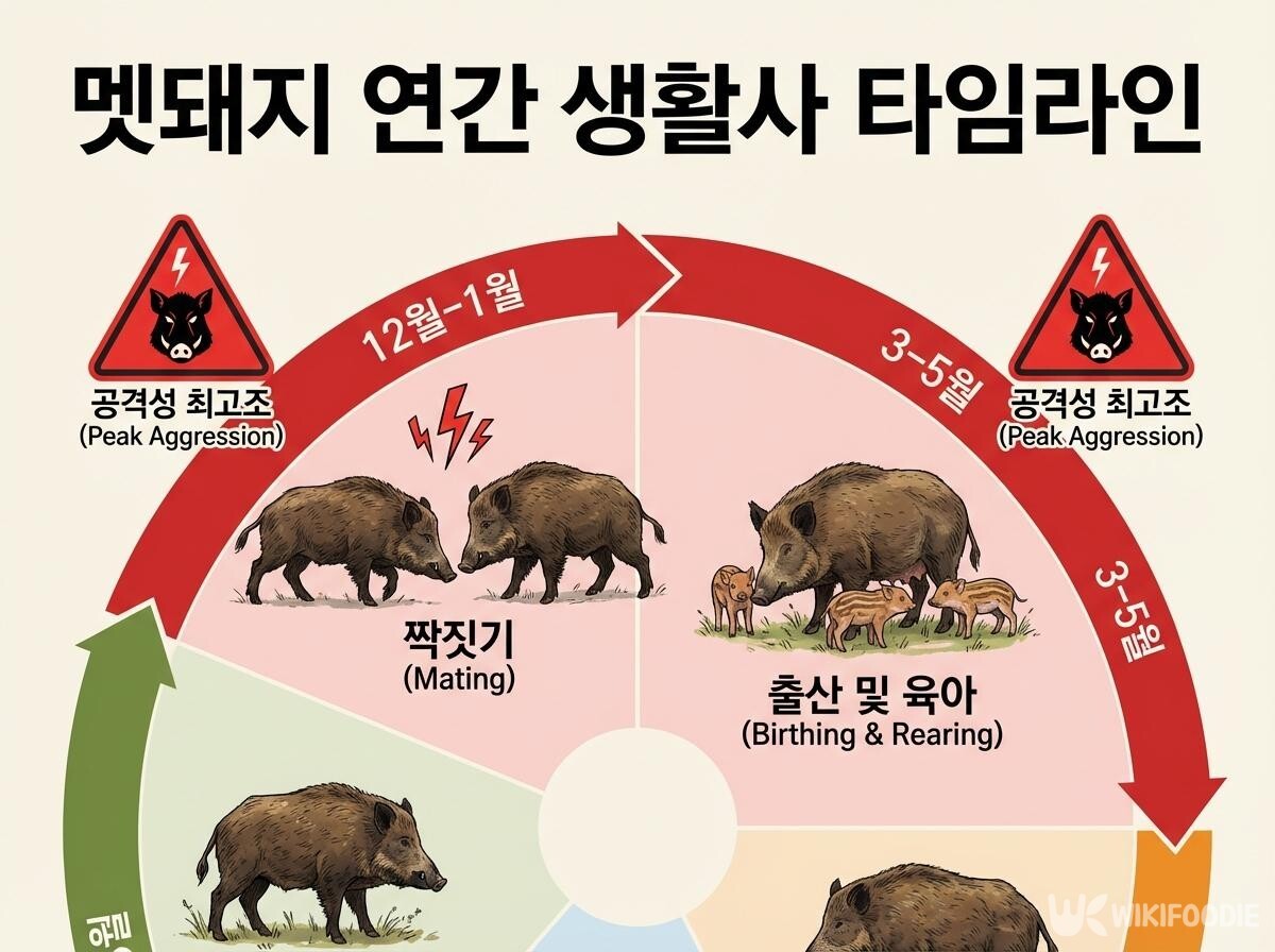 멧돼지의 연간 생활사 타임라인이다. / 위키푸디