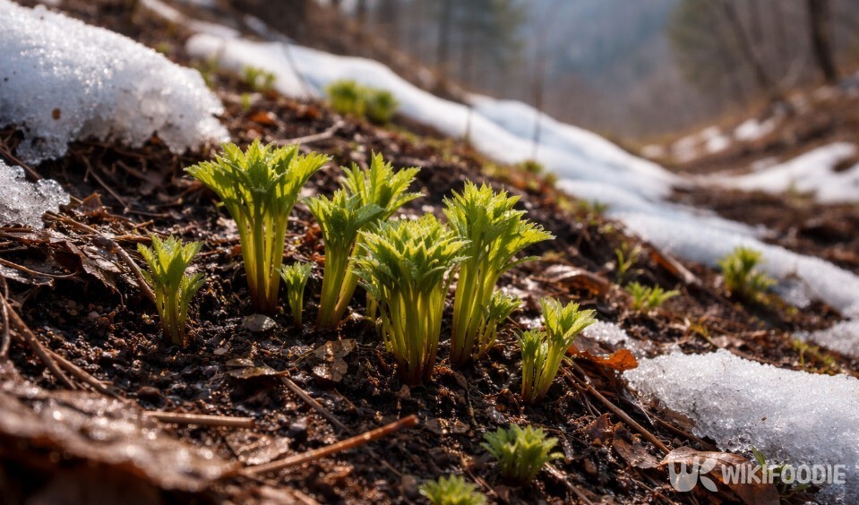 눈이 채 녹지 않은 산자락에서 구릿대 새순이 올라온 모습이다. / 위키푸디