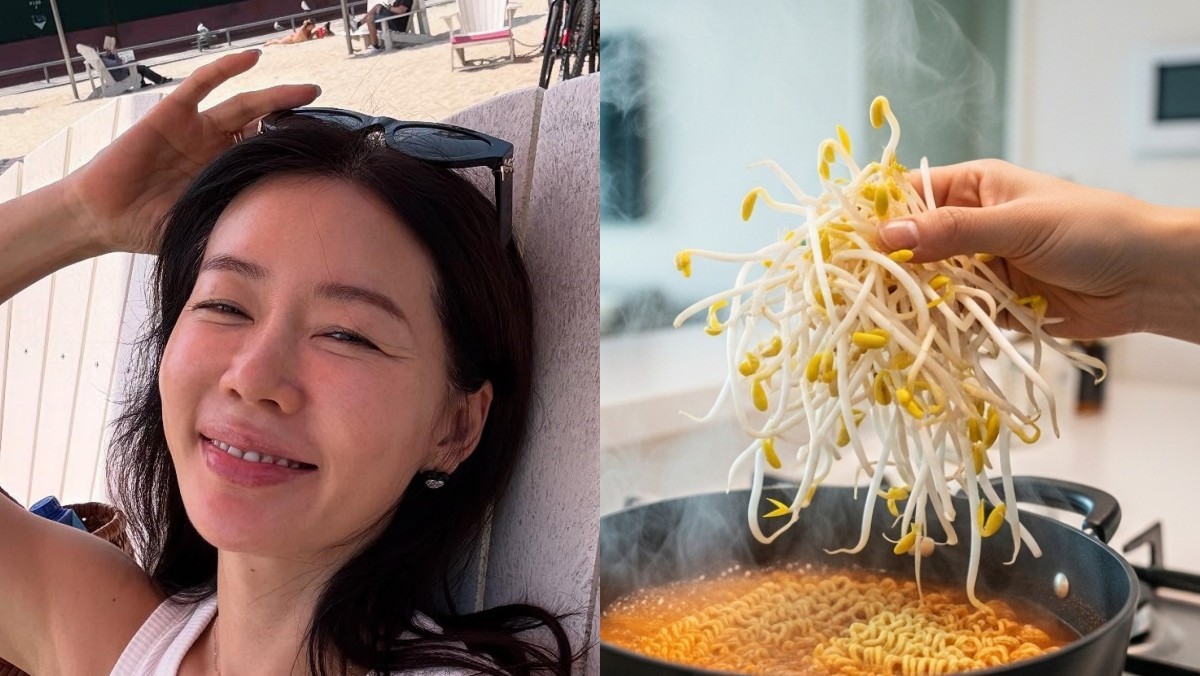 (왼쪽) 방송인 안선영, (오른쪽) 라면에 콩나물을 넣는 모습. / 안선영 인스타그램, 헬스코어데일리