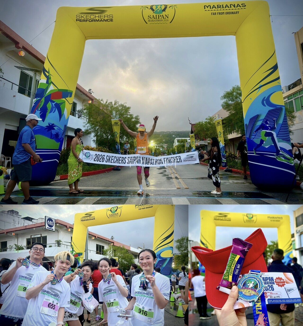 사이판 마라톤 참가자가 피니시 라인을 통과하고 있다(위). 중국에서 온 참가자들이 완주 후 서로를 축하하며 기념 촬영을 하고 있다(왼쪽 아래). 완주자에게 제공되는 메달과 기념품(오른쪽 아래)./ 사진- 투어코리아 박은하 기자