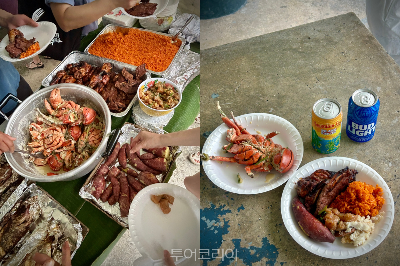 차모로 바베큐가 차려진 식탁과 코코넛크랩 요리(왼쪽), 한 접시에 담긴 로타식 식사(오른쪽)./ 사진- 박은하 기자