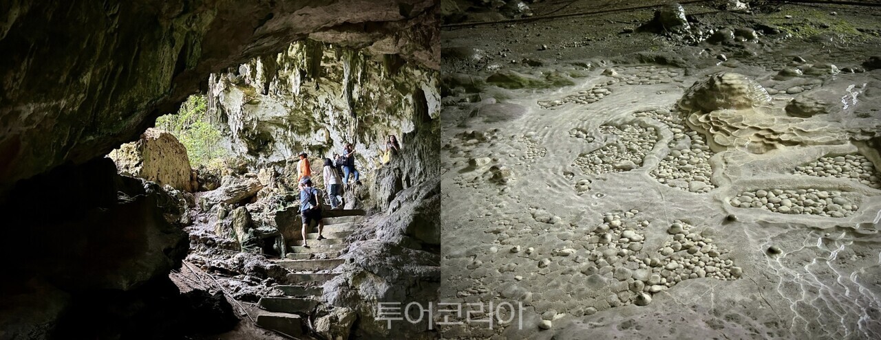 통가 케이브 내부 전경(왼쪽)과 물방울이 빚어낸 석회암 지형(오른쪽)./ 사진- 박은하 기자