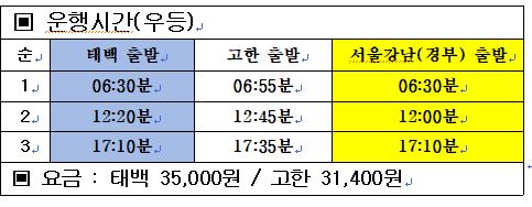 , 태백-강남고속버스터미널 시외버스 시간표