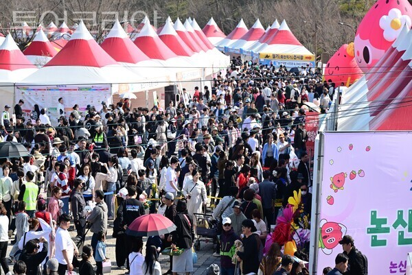 ▲지난 28일, 발 디딜 틈도 없이 수많은 인파로 북새통을 이루고 있는 ‘제28회 논산딸기축제’행사장 모습. /사진-논산시