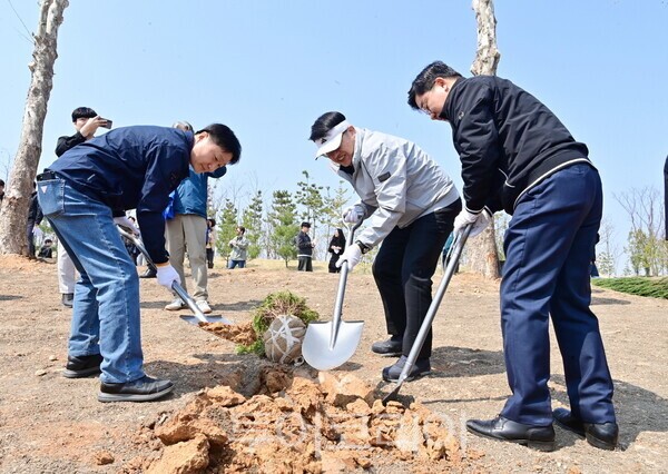 2일 안산시 상록구 본오동 ‘새로숲 경기지방정원’에서 열린 제81회 식목일 기념 나무심기 행사에 참석해 나무를 심는 김태희 부위원장/사진=경기도의회