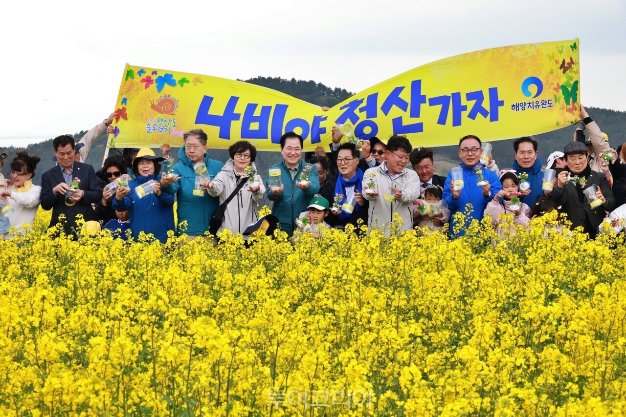 "완도 청산도 슬로걷기 축제 개막 행사 중 하나인 나비 날리기 퍼포먼스 유개꽃이 핀 슬로길을 걷는 사람 완도 청산도 슬로걷기 축제 개막 행사 중 하나인 서편제 소리 마당 / 사진-완도군