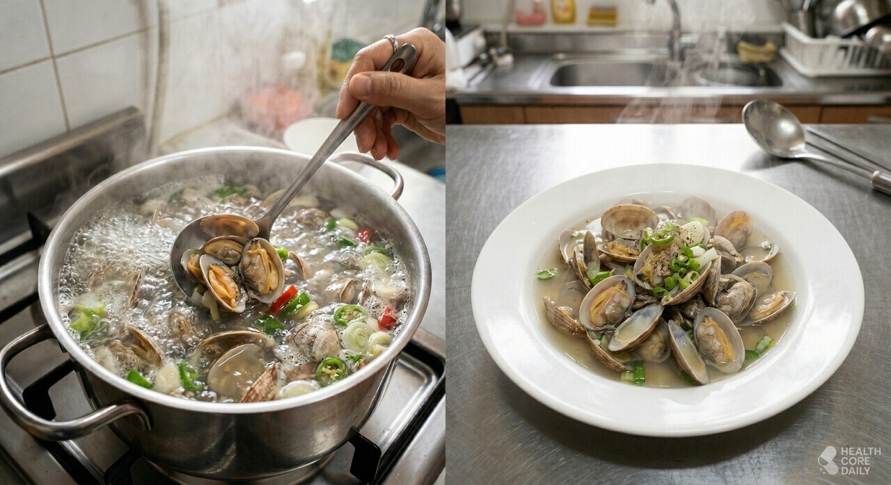 바지락을 끓이는 모습. / 헬스코어데일리 공식 웹사이트