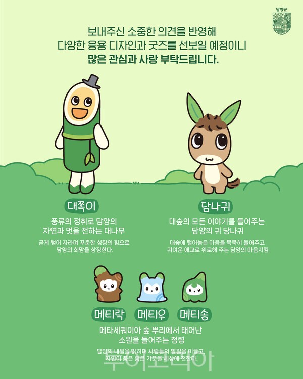 새로운 관광 캐릭터 '담나귀·대쪽이·메티' 안내문. /사진-담양군