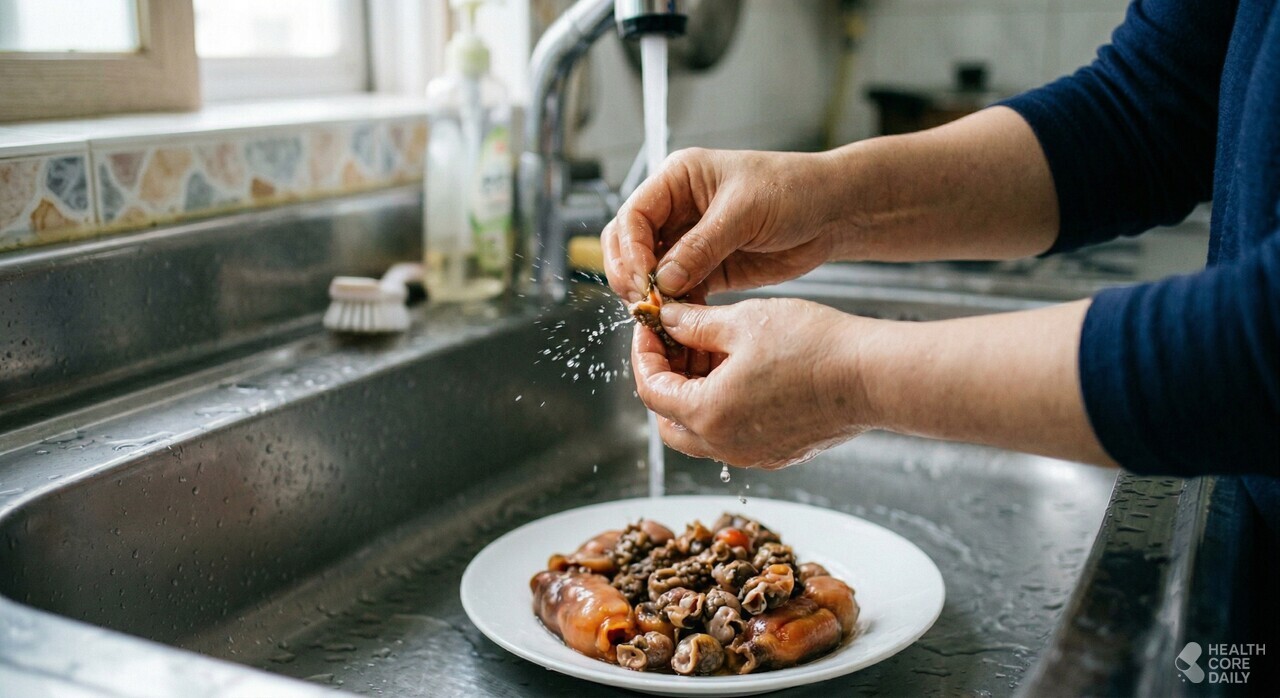 미더덕 세척하는 모습. / 헬스코어데일리 공식 웹사이트