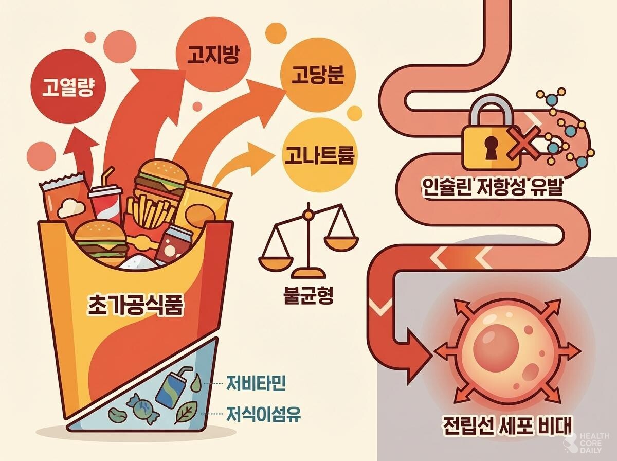 가공식품이 인체에 미치는 해로운 영향 삽화. / 헬스코어데일리