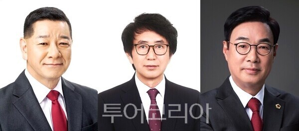 ▲왼쪽부터 국민의힘 최원철 공주시장 후보, 노한섭 1선거구 충남도의원 후보, 박기영 2선거구 후보. /사진-류석만 기자
