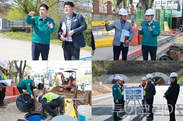 ▲(上) 왼쪽부터 시계방향 ①16일 광석 소규모 하수처리시설 예정지를 방문해 현장을 점검하고 있는 이응우 계룡시장 ②엄사지구 수돗물 정밀 여과장치 설치 사업 현장 방문 ③엄사지구 시공 현장 안전 점검 모습 ④이응우 계룡시장이 16일 두마-연산 국도대체 우회도로 공사 현장을 방문해 추진상황을 점검하고 있는 모습. /사진-계룡시(편집 류석만 기자)