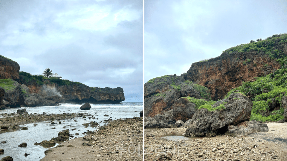절벽과 바위 해안이 맞닿은 제프리 비치. 해식 작용으로 형성된 거친 지형이 사이판의 또 다른 해안 풍경을 보여준다./ 사진- 박은하 기자