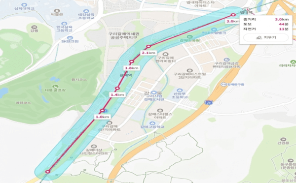 ▲ 교통소음(철도) 관리지역 지정 범위  / 사진제공 = 구리시 