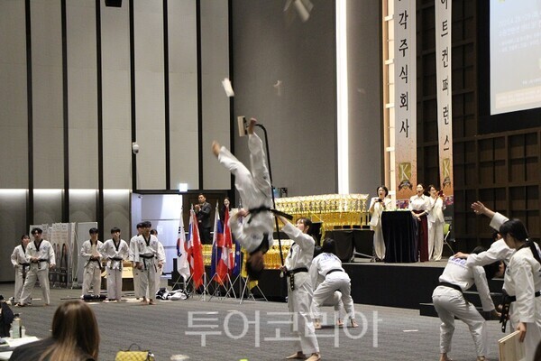 29일 수원컨벤션센터에서 K뷰티전문가연합회 주최로 열린 '제23회 IBAC 국제뷰티아트컨퍼런스'에서 단국대 태권도 시범단이 격파시범을 보이고 있다. 2026.04.29. / 투어코리아 이창호 기자