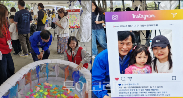 (왼쪽)바람빠진 튜브에 공기를 주입해 주는 김진규 후보, (오른쪽)김진규 후보가 아이 부모와 함께 액자 사진을 찍고 있다. (사진=검단구출입연합기자단)