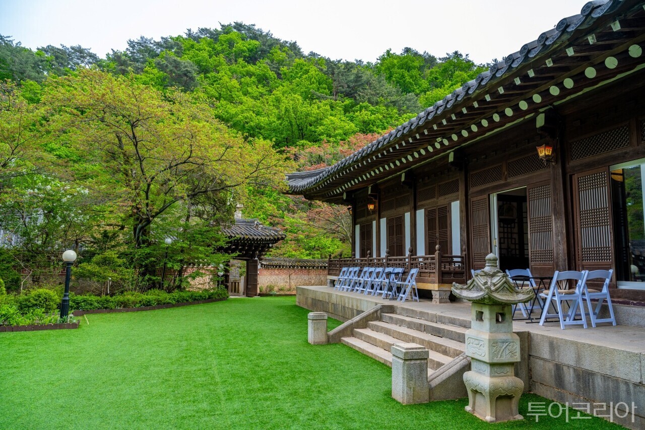 선운각 입구의 돌담과 박석 신록이 드리운 선운각 한옥마당 / 사진-서울관광재단