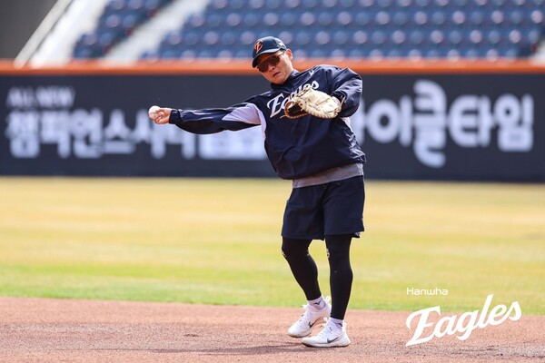 한화 김태연의 경기전 훈련(사진=한화)