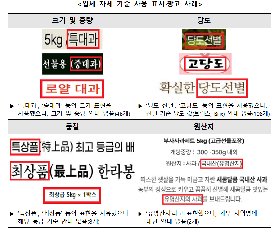 업체 자체 기준 사용 표시·광고 사례 / 사진-한국소비자원