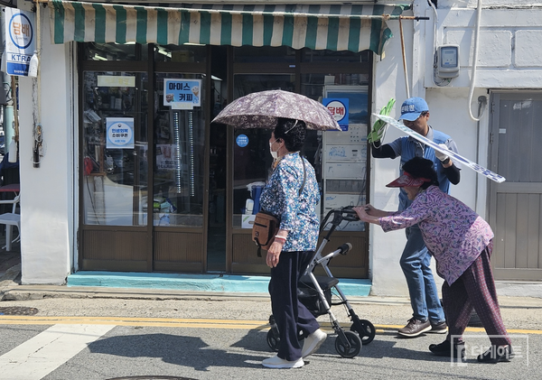 뜨거운 햇빛 아래 지나가는 할머니를 위해 손혜원 후보 선거운동원이 후보 선전 피켓을 할머니 머리 위에 씌워준 장면. 손혜원이 목포에서 구현하고 싶은 장면이다. 정치가 정치가의 권력이 아닌 시민을 위한, 시민에 의한, 시민의 도구가 될 때 세상이 변할 수 있다는 걸 손혜원은 현실에서 증명하고 싶어한다(사진=더게이트)