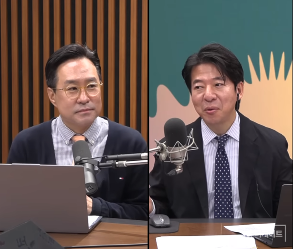 박시동(사진 왼쪽부터), 이광수가 출연하는 유튜브 경제전문채널 '12시에 만나요'는 실시간 동시접속자 10만 명을 돌파하는 대행 프로그램이다.(사진=더게이트)