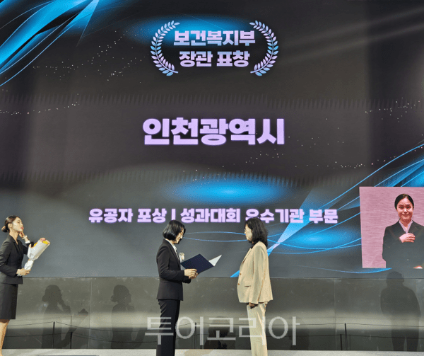 인천광역시가 지난 5일 서울 코엑스 마곡 르웨스트홀에서 개최된 ‘제81회 구강보건의 날’ 기념식에서 보건복지부가 주관한 ‘2025년 시·도 구강보건사업 운영 평가’ 결과 우수 시·도로 선정돼 보건복지부 장관 기관 표창을 수상하고 있다.