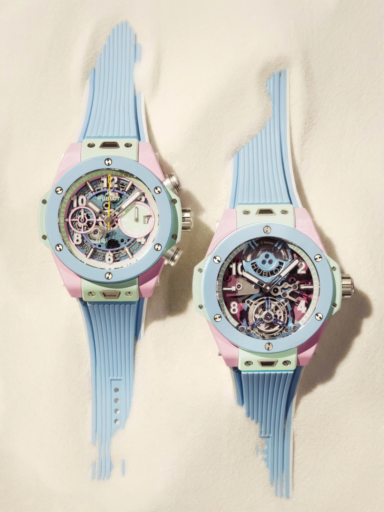 위블로 빅뱅 썸머 에디션 42mm 크로노그래프(좌)와 44mm 투르비용(우). 핑크·민트·스카이 블루 멀티 세라믹 케이스와 스카이 블루 러버 스트랩이 적용됐다. / 사진=위블로