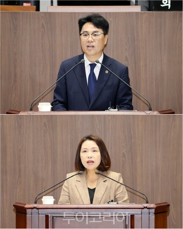 ▲(上)22일 5분 발언 중인 충남도의회 정병인(천안8·더불어민주당) 의원과 (下)이연희(서산3·국민의힘) 도의원 모습. /사진-충남도의회(편집 류석만 기자)