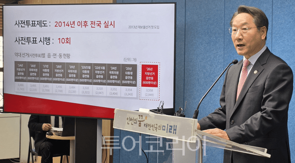 유정복 인천시장이 24일 오후 인천시청 브리핑룸에서 기자회견을 열고 사전투표제도에 대해 설명하고 있다. 2026.06.24. / 투어코리아뉴스 이창호 기자