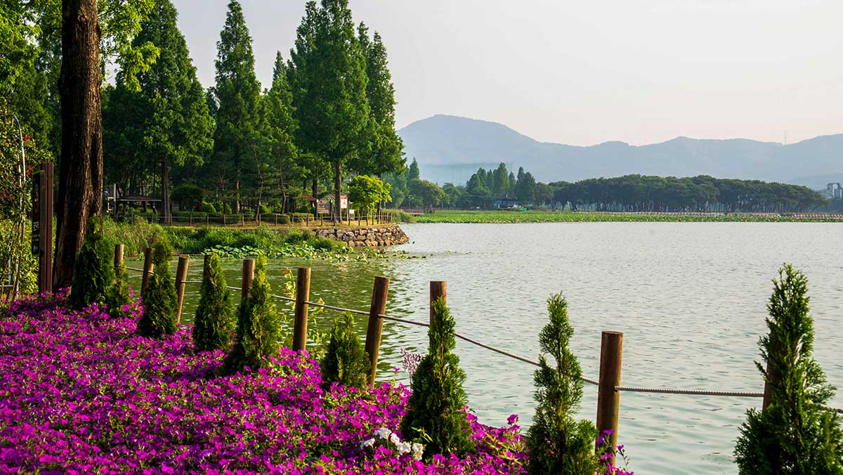 아산 신정호수공원 호숫가. 수변 산책로 옆으로 꽃과 나무가 심어져 있고 잔잔한 호수가 펼쳐져 있다. / 한국관광공사 포토코리아-김지호