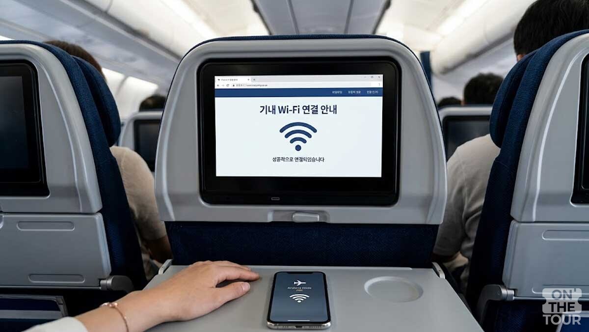 비행기 좌석 모니터에 기내 와이파이 연결 가능을 알리는 안내문이 떠 있다. / 온더투어