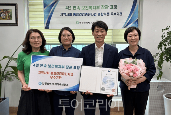 인천 서해구가 지난 6월 30일 보건복지부가 주관한 ‘지역사회 통합건강증진사업 평가’에서 종합부문 우수기관으로 선정되어 보건복지부 장관 표창을 수상하고 있다.