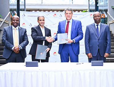 John Mwendwa, OGW, CEO, InvestKenya; Abdullah AlMalki, Chairman, Mabani Aljazeera Holdings Group; Stephen Jennings, Founder and CEO of Rendeavour, the owner and developer of Tatu City; and Hon. Lee Kinyanjui, CS for Investments, Trade, and Industry, during the signing of an agreement under which the Saudi Arabian construction and investment company, Mabani, will acquire a 50% minus one share stake of Tatu City’s Jabali Towers mixed-use development in Kenya. John Mwendwa, OGW, CEO, InvestKenya; Abdullah AlMalki, Chairman, Mabani Aljazeera Holdings Group; Stephen Jennings, Founder and CEO of Rendeavour, the owner and developer of Tatu City; and Hon. Lee Kinyanjui, CS for Investments, Trade, and Industry, during the signing of an agreement under which the Saudi Arabian construction and investment company, Mabani, will acquire a 50% minus one share stake of Tatu City’s Jabali Towers mixed-use development in Kenya.