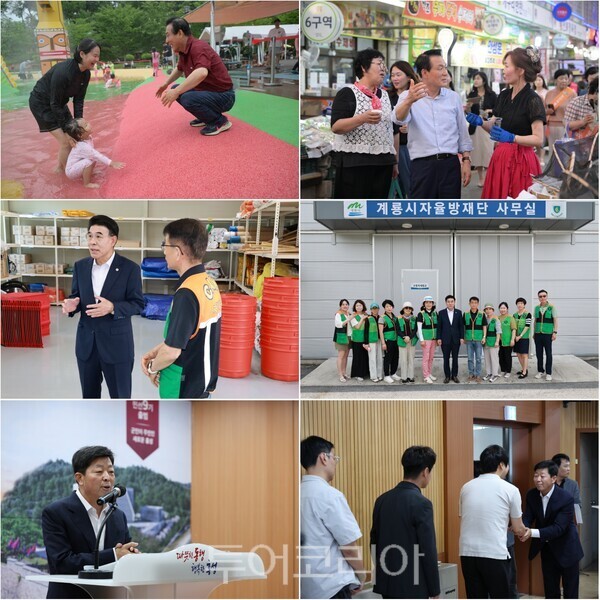 ▲(上)백성현 논산시장의 '현장 중심·시민 중심 행정' 소통 모습, (中)이응우 계룡시장과 자율방재단과의 간담회, (下)박정주 홍성군수 주재로 열린 직원모임 모습. /사진-논산·계룡·홍성(편집 류석만 기자)