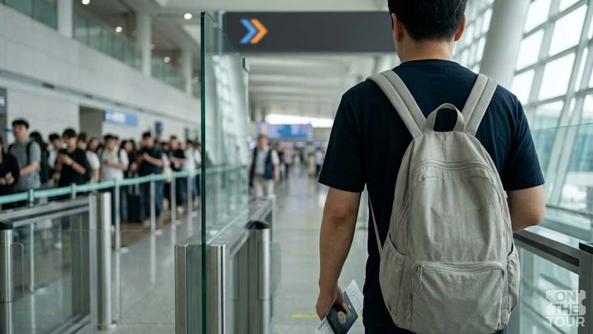 도심공항터미널 이용객이 가벼운 배낭만 멘 채 공항 출국장으로 들어서고 있다. / 온더투어