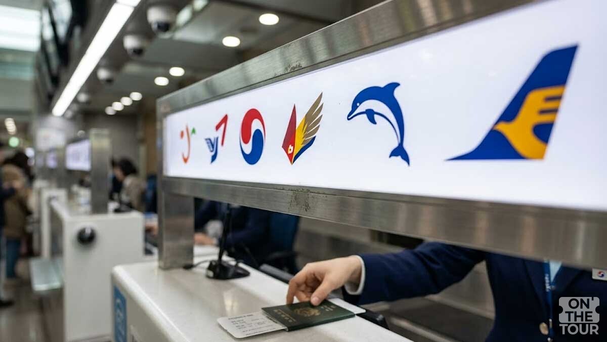 탑승 수속 카운터에 여러 항공사 로고가 걸려 있고, 이용객이 출국 전 절차를 밟고 있다. / 온더투어