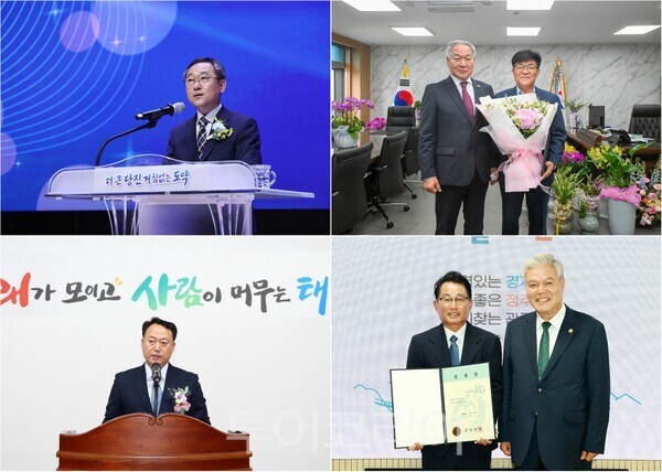 ▲(上)왼쪽부터 시계방향. 당진시 성만제 부시장 취임식, 이용우 부여군수와 취임한 이동유(오른쪽) 제31대 부여 부군수, 문정우 금산군수와 취임한 조진배(왼쪽) 금산 부군수, 태안군청 대강당에서 7일 열린 제20대 유윤수 부군수 취임식 모습. /사진-당진·부여·금산·태안(편집 류석만 기자)