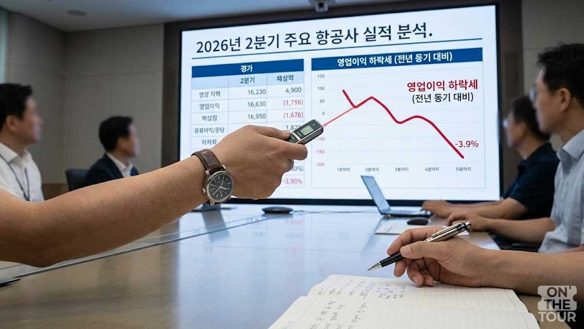 관계자들이 영업이익 하락세 그래프를 보며 회의를 하고 있다. (AI 생성) / 온더투어