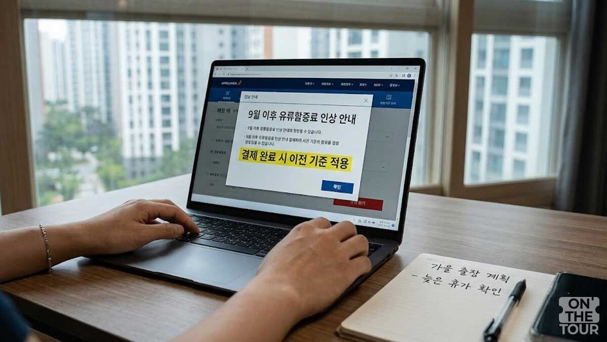 항공사 홈페이지의 유류할증료 인상 안내 공지를 확인하고 있다. (AI 생성) / 온더투어