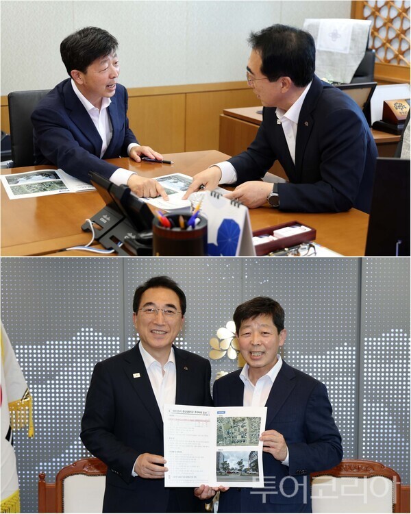 ▲충남도 행정부지사 출신인 박정주(下 오른쪽) 홍성군수가 지난 6일 박수현 충남도지사를 만나 내포신도시의 자족기능 강화와 2029 전국체전 준비, 국가산업단지 조성 등 홍성과 충남이 함께 해결해야 할 핵심 현안을 제시하며 전폭적인 도의 지원을 요청하고 있다. /사진-홍성(편집 류석만 기자)