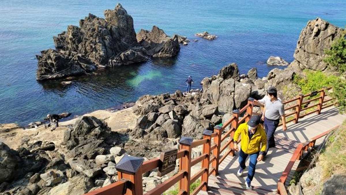 덕봉산 해안생태탐방로를 관광객들이 걷고 있다. / 한국관광공사