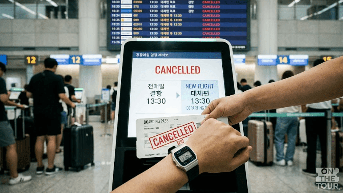 공항 무인 발권기(키오스크) 화면에 결항 안내가 뜨자 대체 항공편 정보를 확인하고 있다. (AI 생성) / 온더투어