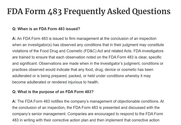 FDA가 발부하는 Form 483에 관한 설명문(사진=FDA 홈페이지 캡처)